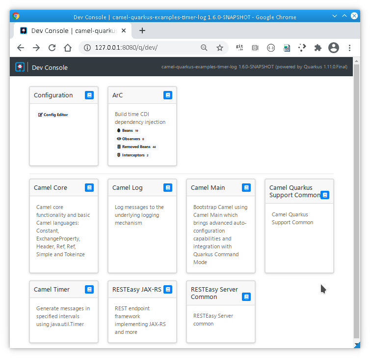 Quarkus Dev Console for a simple Camel Quarkus application