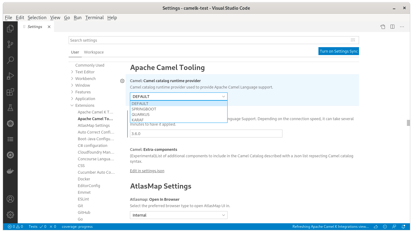 Settings to choose the Camel Catalog runtime provider